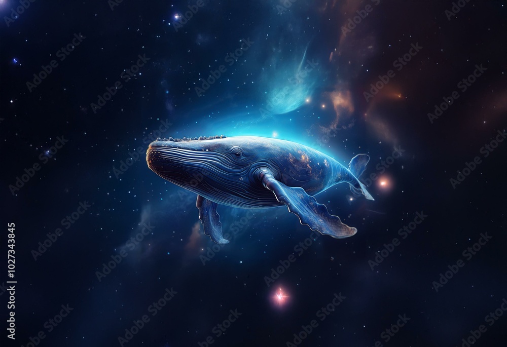 Fototapeta premium A glowing blue whale swims through the vast, starry expanse of space.