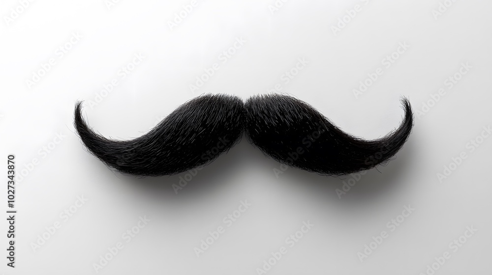 Detailed close-up of a black handlebar mustache on a white background, showcasing groomed facial hair with a vintage barbershop aesthetic and symmetrical shape. Detailed close-up of a black handlebar mustache on a white background, showcasing groomed facial hair with a vintage barbershop aesthetic and symmetrical shape.