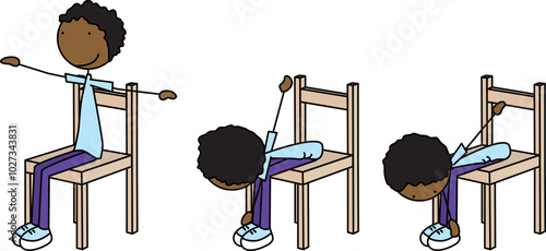 Cartoon vector illustration of a boy exercising - chair ankle taps