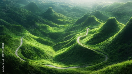 Mountains with winding roads through grassy hills, carved out of the landscape