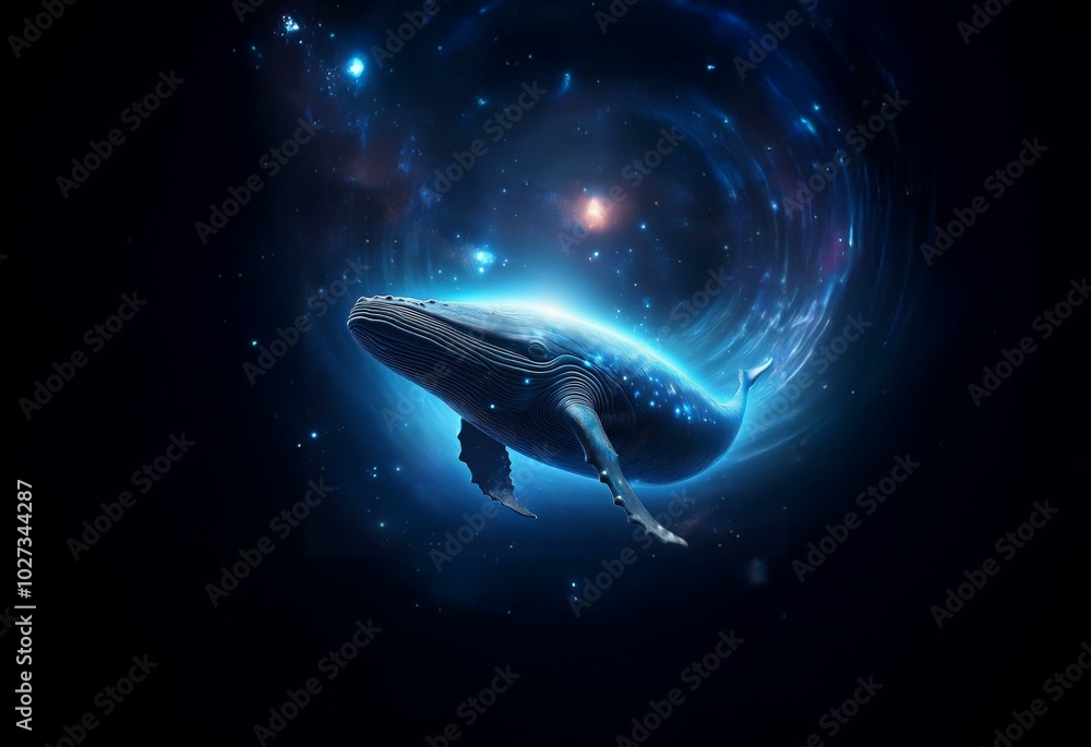 Fototapeta premium A whale swims through a starry, swirling galaxy with an ethereal glow.