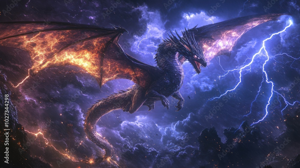 Obraz premium powerful dragon flying through a stormy sky filled with lightning