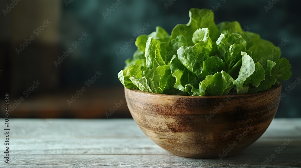 Fresh romaine lettuce leaves in a wooden bowl on a white wood table, showcasing vibrant green color and crisp texture, set in a rustic kitchen environment with natural lighting. Fresh romaine lettuce leaves in a wooden bowl on a white wood table, showcasing vibrant green color and crisp texture, set in a rustic kitchen environment with natural lighting.