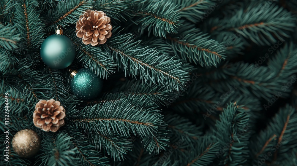 Green Christmas Ornaments on Pine Branches Green Christmas Ornaments on Pine Branches