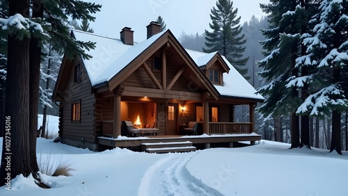 Charming Winter Cabin Nestled Among Tall, Snowy Pines, Perfect for Cozy Getaways and Relaxation