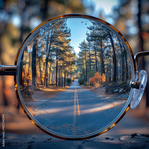 Glasses for vision correction reflecting an autumn road in the forest photo