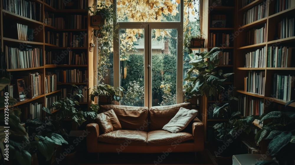 A Leather Couch in a Room with Bookshelves and Windows A Leather Couch in a Room with Bookshelves and Windows