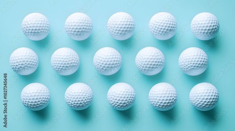 Neatly arranged golf balls in a light blue background, showcasing a symmetrical layout of white dimpled spheres in a clean and simple sports equipment composition. Neatly arranged golf balls in a light blue background, showcasing a symmetrical layout of white dimpled spheres in a clean and simple sports equipment composition.