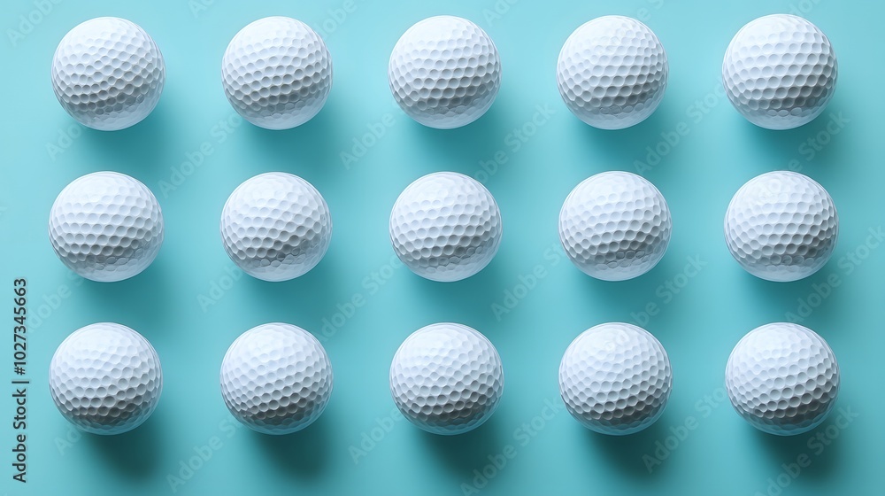 Neatly arranged golf balls in a light blue background, showcasing a symmetrical layout of white dimpled spheres in a clean and simple sports equipment composition. Neatly arranged golf balls in a light blue background, showcasing a symmetrical layout of white dimpled spheres in a clean and simple sports equipment composition.