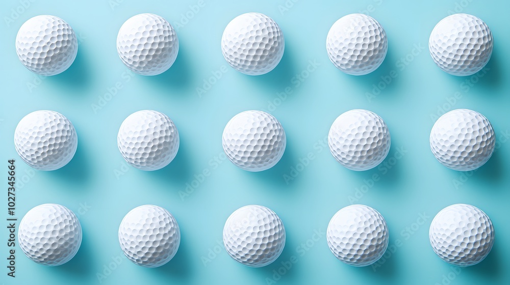 Neatly arranged golf balls in a light blue background, showcasing a symmetrical layout of white dimpled spheres in a clean and simple sports equipment composition. Neatly arranged golf balls in a light blue background, showcasing a symmetrical layout of white dimpled spheres in a clean and simple sports equipment composition.