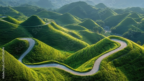 Mountains with winding roads through grassy hills, carved out of the landscape