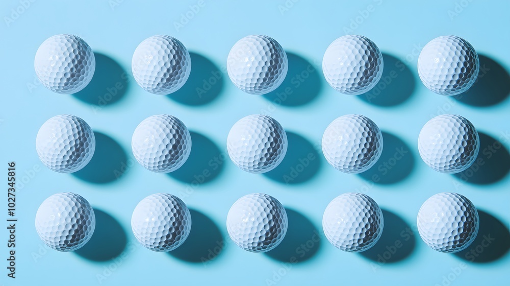 Neatly arranged golf balls in a light blue background, showcasing a symmetrical layout of white dimpled spheres in a clean and simple sports equipment composition. Neatly arranged golf balls in a light blue background, showcasing a symmetrical layout of white dimpled spheres in a clean and simple sports equipment composition.