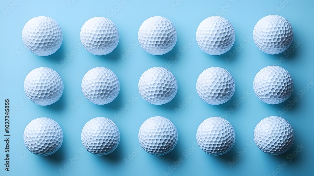 Neatly arranged golf balls in a light blue background, showcasing a symmetrical layout of white dimpled spheres in a clean and simple sports equipment composition. Neatly arranged golf balls in a light blue background, showcasing a symmetrical layout of white dimpled spheres in a clean and simple sports equipment composition.
