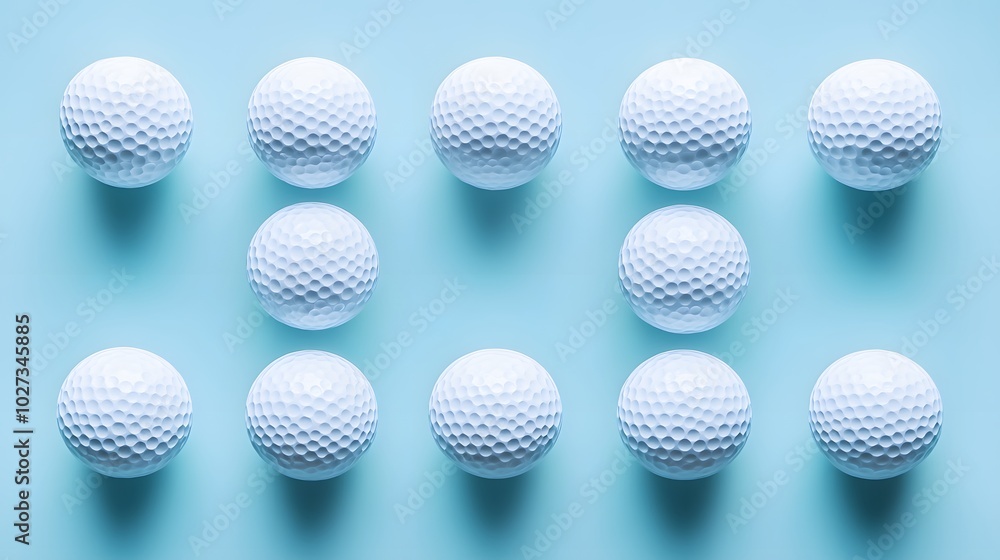 Neatly arranged golf balls in a light blue background, showcasing a symmetrical layout of white dimpled spheres in a clean and simple sports equipment composition. Neatly arranged golf balls in a light blue background, showcasing a symmetrical layout of white dimpled spheres in a clean and simple sports equipment composition.