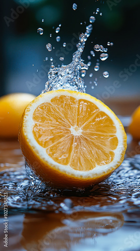 Vibrant Lemon Slice Splashing in Water, Refreshing and Fresh Citrus Fruit Concept, High-Quality Food Photography for Beverage Themes photo