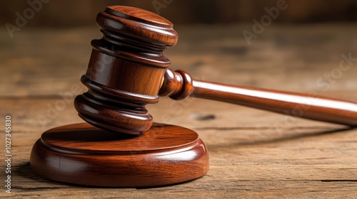 Judge gavel on wooden surface for legal judgment or auction