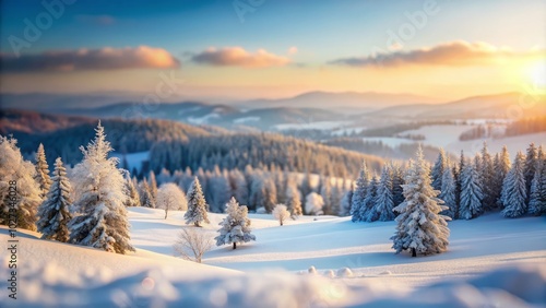 Serene snowy wonderland with ample blank space, perfect for your design needs. Capture the magic of winter through tilt-shift photography and ignite your creativity.