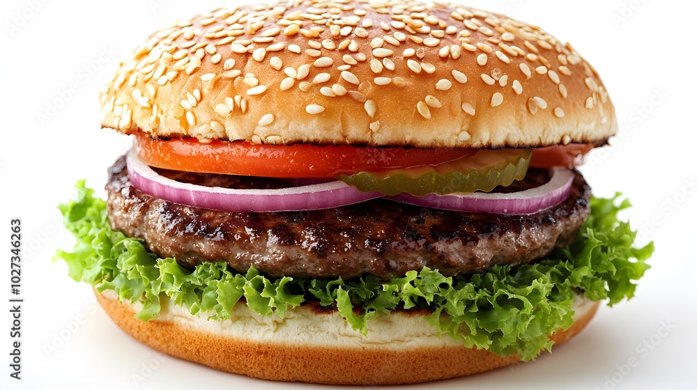Juicy hamburger stacked with layered ingredients on a pure white background, featuring detailed textures and appetizing presentation in a left-aligned, studio-lighting composition. Juicy hamburger stacked with layered ingredients on a pure white background, featuring detailed textures and appetizing presentation in a left-aligned, studio-lighting composition.