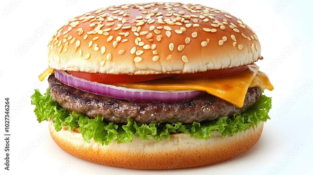 Juicy hamburger stacked with layered ingredients on a pure white background, featuring detailed textures and appetizing presentation in a left-aligned, studio-lighting composition. Juicy hamburger stacked with layered ingredients on a pure white background, featuring detailed textures and appetizing presentation in a left-aligned, studio-lighting composition.