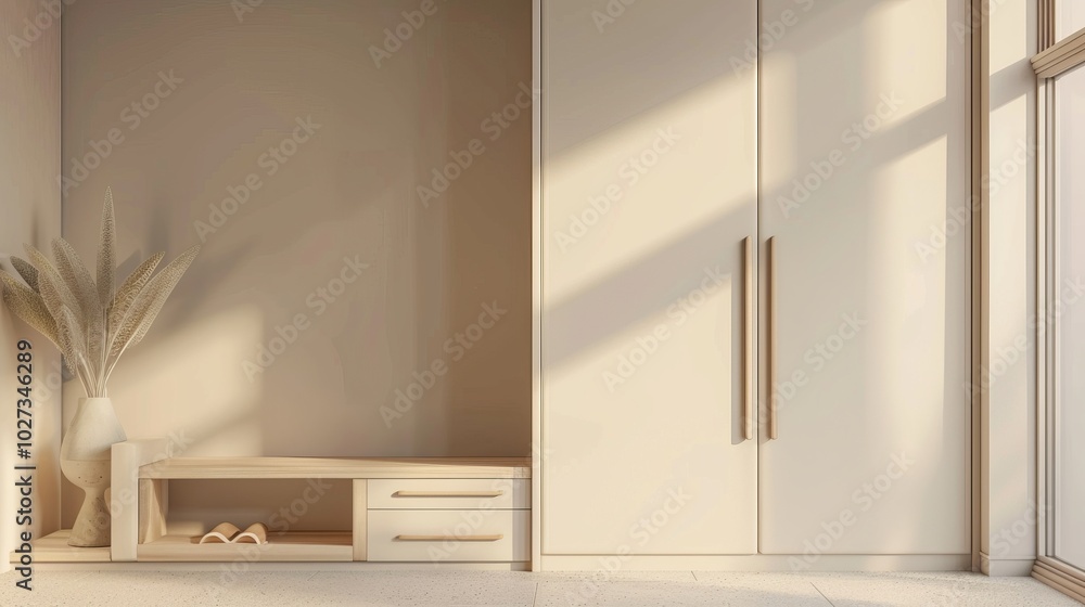 Interior of modern living room with beige walls, tiled floor, wooden chest of drawers and bookcase. Interior of modern living room with beige walls, tiled floor, wooden chest of drawers and bookcase.