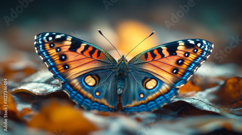 Vibrant Buckeye Butterfly Resting on Autumn Leaves in a Tranquil Setting, Showcasing Stunning Wing Patterns and Colors photo