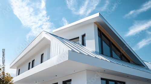 Architectural photography of a modern house roof detail with white wall exterior and metal roofing, emphasizing crisp lines and geometric shapes under outdoor lighting.