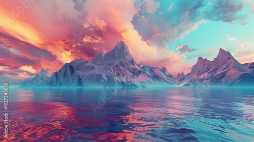 A stunning digital landscape featuring majestic mountains and a vibrant sky reflected in calm waters.