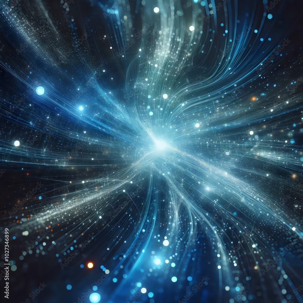 Fototapeta premium Abstract blue space background with white rays and glowing stars.