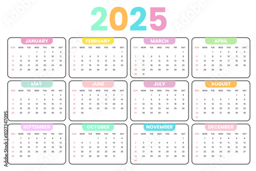 Calendar 2025 Pages Monthly Calendar Planner Templates in minimal style. Vector pages for wall or desk minimalist calendar with week start on Sunday