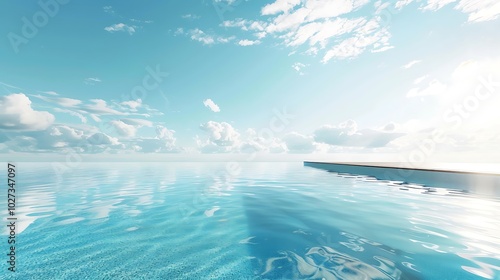 Serene view of a tranquil infinity pool meeting the sky, reflecting clouds and sunlight.