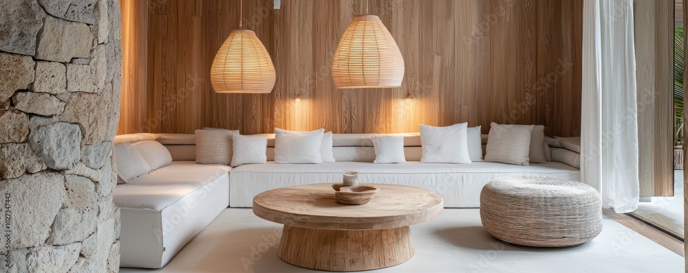 Stylish and modern living space with light wood paneling, white sofa, round wooden base coffee table, stone wall, and soft pendant lights Stylish and modern living space with light wood paneling, white sofa, round wooden base coffee table, stone wall, and soft pendant lights
