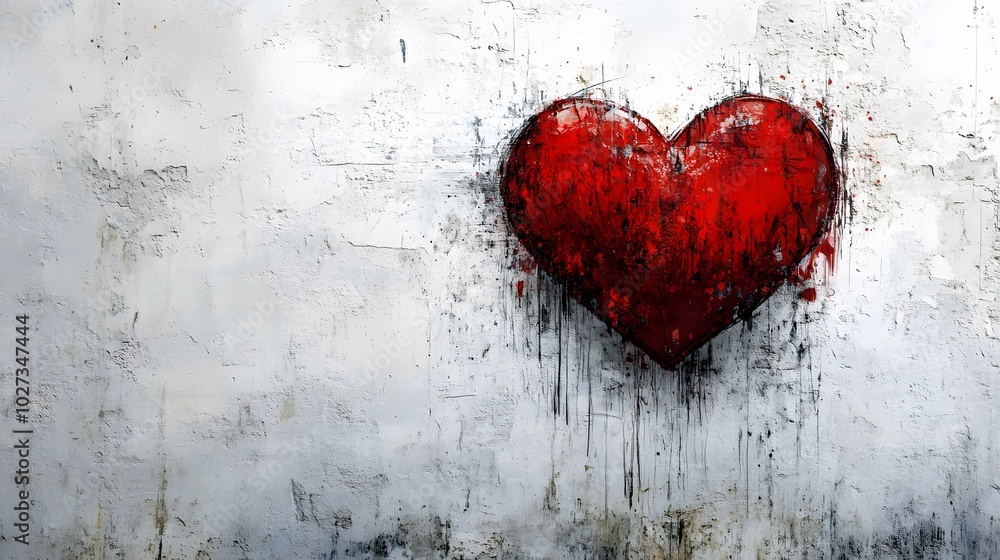 Red heart graffiti on a white wall background, representing urban street art with spray paint texture, contrasting colors, and a romantic symbol in a minimalist design. Red heart graffiti on a white wall background, representing urban street art with spray paint texture, contrasting colors, and a romantic symbol in a minimalist design.