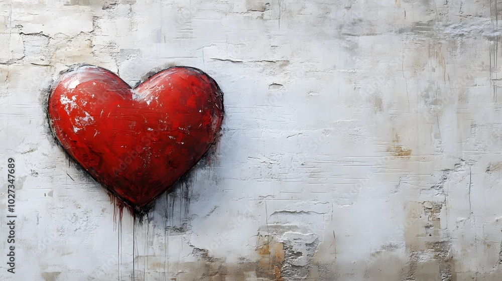 Red heart graffiti on a white wall background, representing urban street art with spray paint texture, contrasting colors, and a romantic symbol in a minimalist design. Red heart graffiti on a white wall background, representing urban street art with spray paint texture, contrasting colors, and a romantic symbol in a minimalist design.
