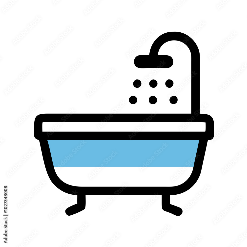 Bathtub Icon with Shower Head in Black Outline and Blue Accents for Bathroom Fixture Representation Bathtub Icon with Shower Head in Black Outline and Blue Accents for Bathroom Fixture Representation