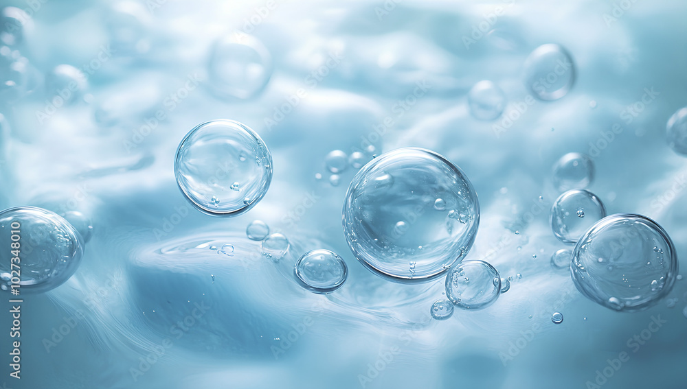 Oxygen bubbles in clear blue water, close-up. Mineral water. Water enriched with oxygen Oxygen bubbles in clear blue water, close-up. Mineral water. Water enriched with oxygen