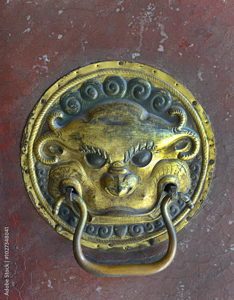 Door detail at Choijin Lama Temple complex. The Choijin Lama Temple complex was built between 1904 and 1908 in Ulaanbaatar, Mongolia