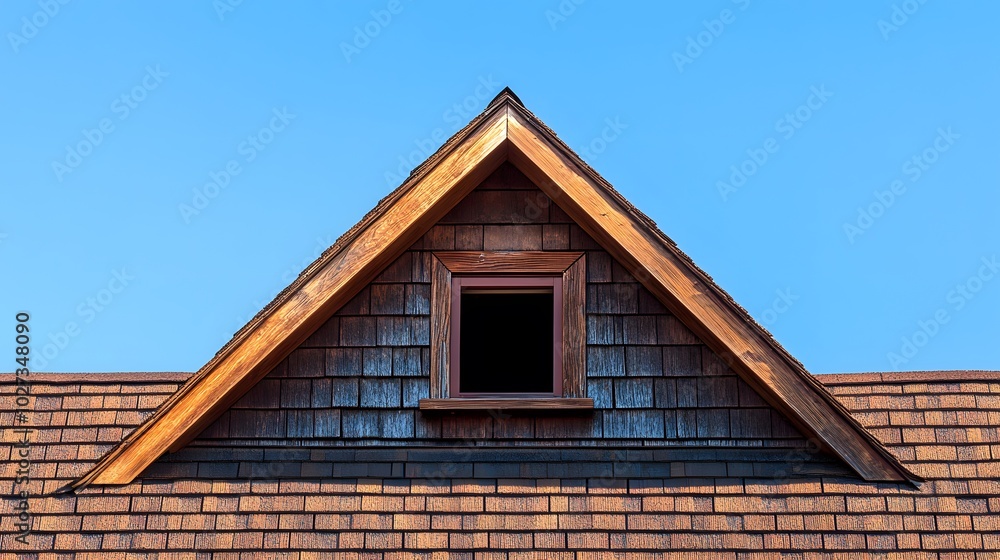 Brown shingle roof featuring a dormer vent, showcasing geometric shapes and weathered asphalt shingles under a clear blue sky for an architectural detail view. Brown shingle roof featuring a dormer vent, showcasing geometric shapes and weathered asphalt shingles under a clear blue sky for an architectural detail view.