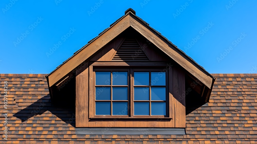 Brown shingle roof featuring a dormer vent, showcasing geometric shapes and weathered asphalt shingles under a clear blue sky for an architectural detail view. Brown shingle roof featuring a dormer vent, showcasing geometric shapes and weathered asphalt shingles under a clear blue sky for an architectural detail view.