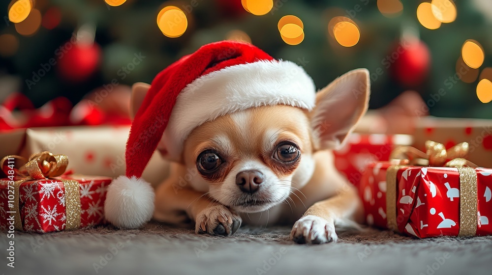 Christmas Cuteness: Chihuahua in a Santa Hat Resting Among Festive Gifts and Holiday Lights Christmas Cuteness: Chihuahua in a Santa Hat Resting Among Festive Gifts and Holiday Lights