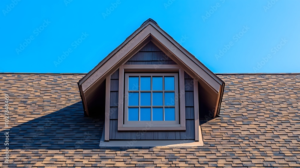 Brown shingle roof featuring a dormer vent, showcasing geometric shapes and weathered asphalt shingles under a clear blue sky for an architectural detail view. Brown shingle roof featuring a dormer vent, showcasing geometric shapes and weathered asphalt shingles under a clear blue sky for an architectural detail view.