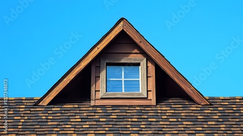 Brown shingle roof featuring a dormer vent, showcasing geometric shapes and weathered asphalt shingles under a clear blue sky for an architectural detail view. photo