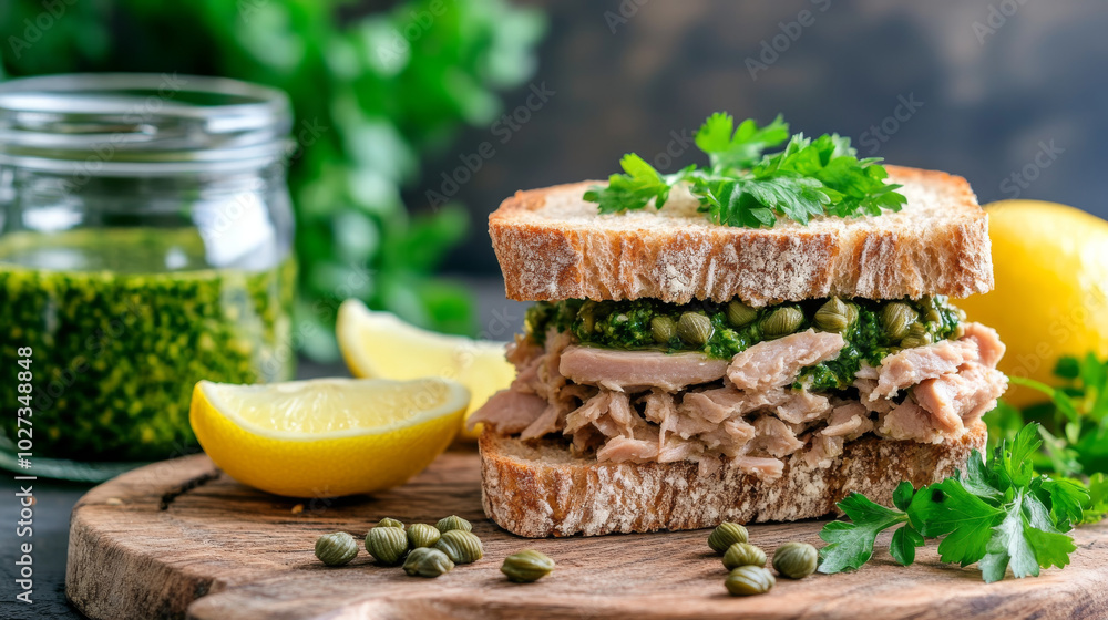 Delicious tuna sandwich on rustic bread, topped with capers and garnished with fresh parsley, alongside lemon and olive oil for added flavor.
