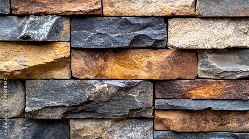 Stacked stone wall texture with multicolored natural stone facade, displaying earthy tones and rough surface details in a close-up view for an architectural context. Stacked stone wall texture with multicolored natural stone facade, displaying earthy tones and rough surface details in a close-up view for an architectural context.