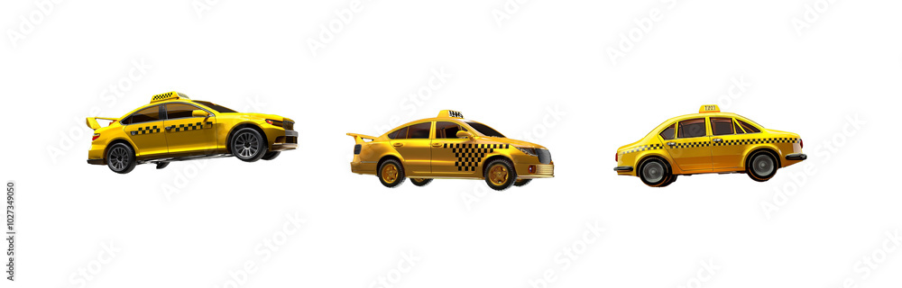 Three yellow cabs are shown against a black and white background, angled in different directions. Three yellow cabs are shown against a black and white background, angled in different directions.