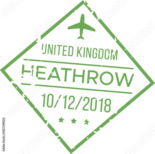 A travel stamp marked with the date October 12 2018 showcases Heathrow Airport in the United Kingdom prominently displaying an airplane symbol.