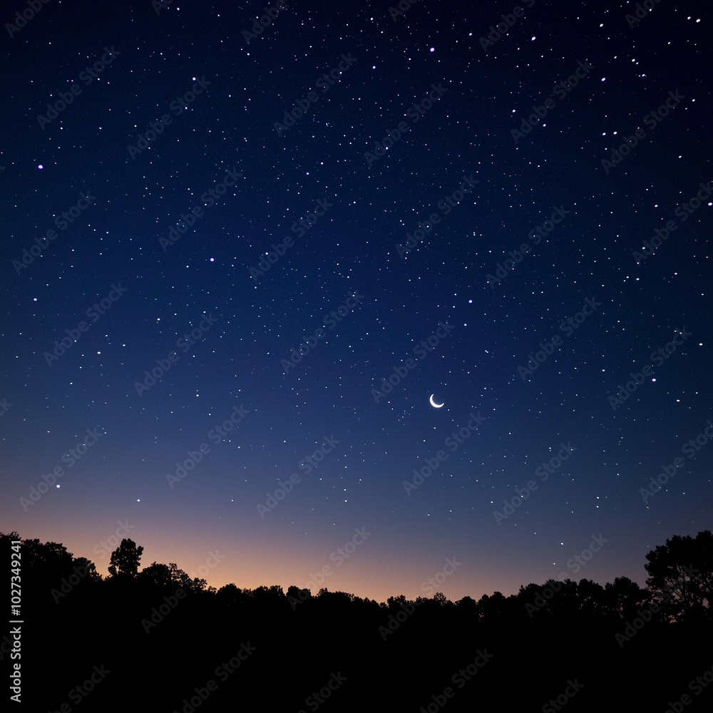 Crescent moon and starry night sky over the horizon at dusk Crescent moon and starry night sky over the horizon at dusk
