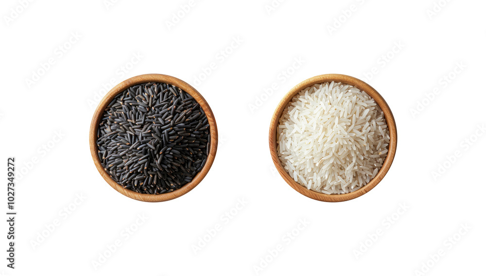 Wooden bowls with black and white rice varieties isolated on transparent background Wooden bowls with black and white rice varieties isolated on transparent background
