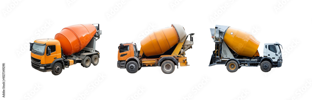 Three cement mixer trucks side by side with orange and yellow drums. Three cement mixer trucks side by side with orange and yellow drums.