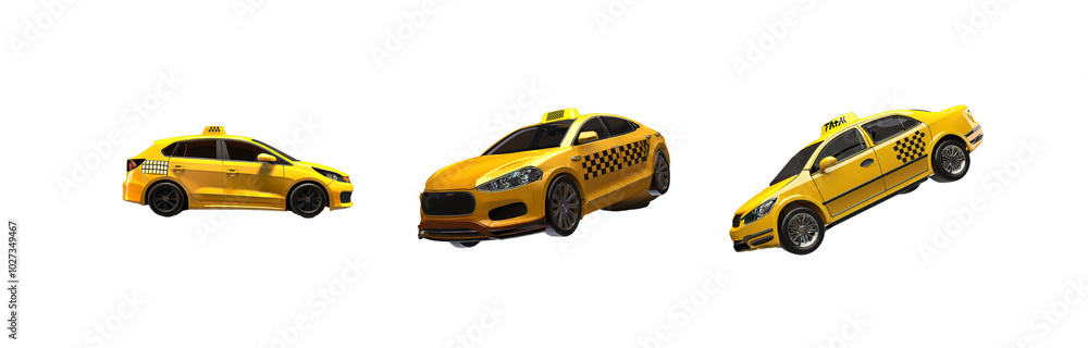 Three yellow taxi cars with black checkerboard patterns on the side, two with headlights on, one tilted on its side