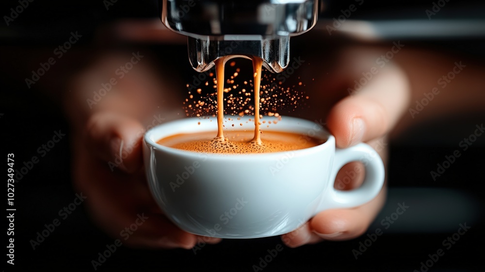 Fototapeta premium Brewing espresso in a white cup with rich crema at a coffee shop during morning hours